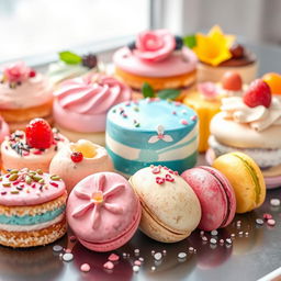 A beautifully arranged display of delicious desserts featuring an assortment of colorful pastries, cakes, and macarons, all artistically painted in soft watercolor style