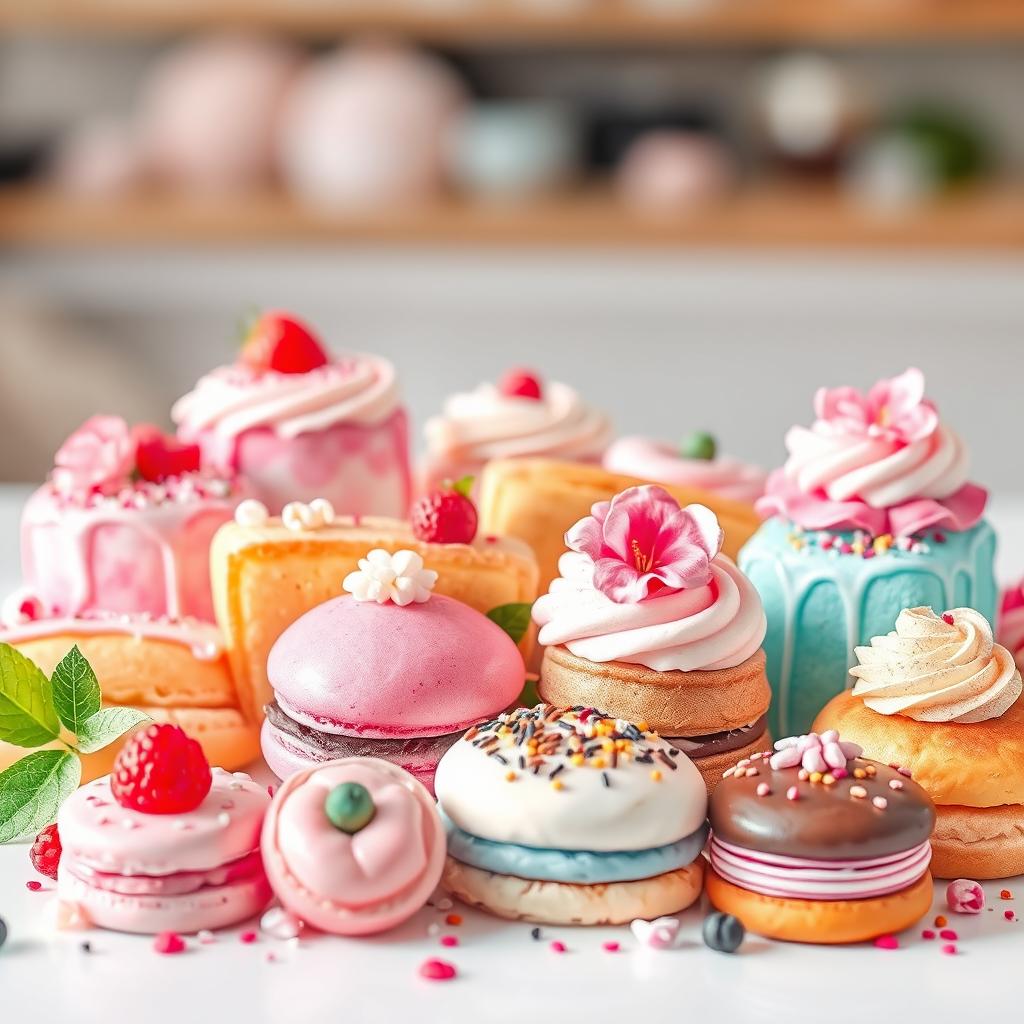 A beautifully arranged display of delicious desserts featuring an assortment of colorful pastries, cakes, and macarons, all artistically painted in soft watercolor style