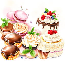 A stunning watercolor painting of a delicious dessert display, perfect for a bakery logo