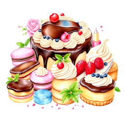 A stunning watercolor painting of a delicious dessert display, perfect for a bakery logo
