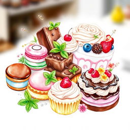 A stunning watercolor painting of a delicious dessert display, perfect for a bakery logo