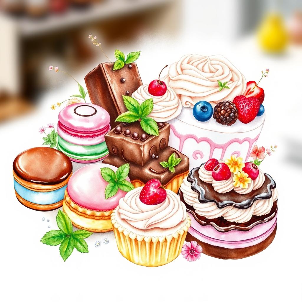 A stunning watercolor painting of a delicious dessert display, perfect for a bakery logo