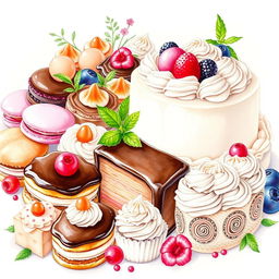 A stunning watercolor painting of a delicious dessert display, perfect for a bakery logo