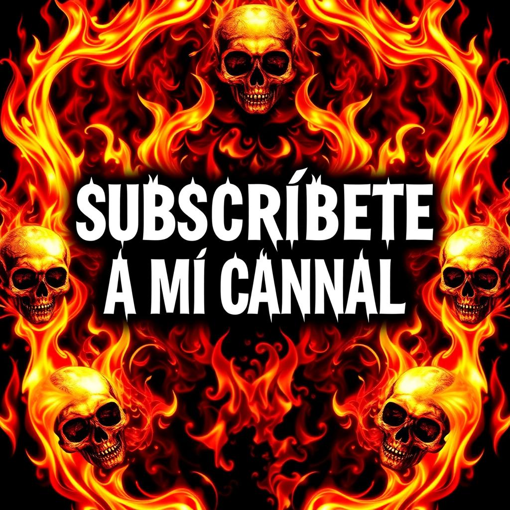 A striking and fiery poster featuring the phrase 'SUBSCRÍBETE A MI CANAL' prominently showcased