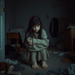 A melancholic scene featuring a sad girl sitting in the corner of a dark, messy room, hugging her knees