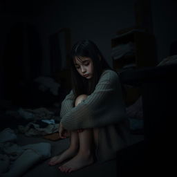 A melancholic scene featuring a sad girl sitting in the corner of a dark, messy room, hugging her knees
