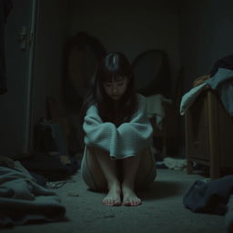 A melancholic scene featuring a sad girl sitting in the corner of a dark, messy room, hugging her knees