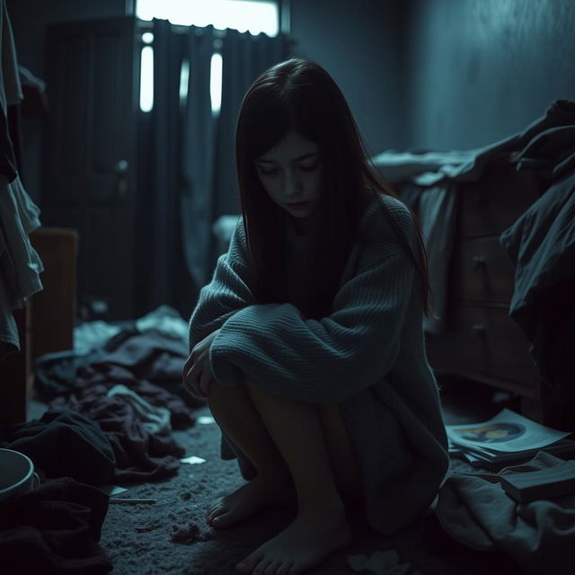 A melancholic scene featuring a sad girl sitting in the corner of a dark, messy room, hugging her knees