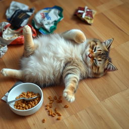 A cute domestic cat lying on its back on a wooden floor, surrounded by crumpled empty snack bags and a spilled bowl of kibble