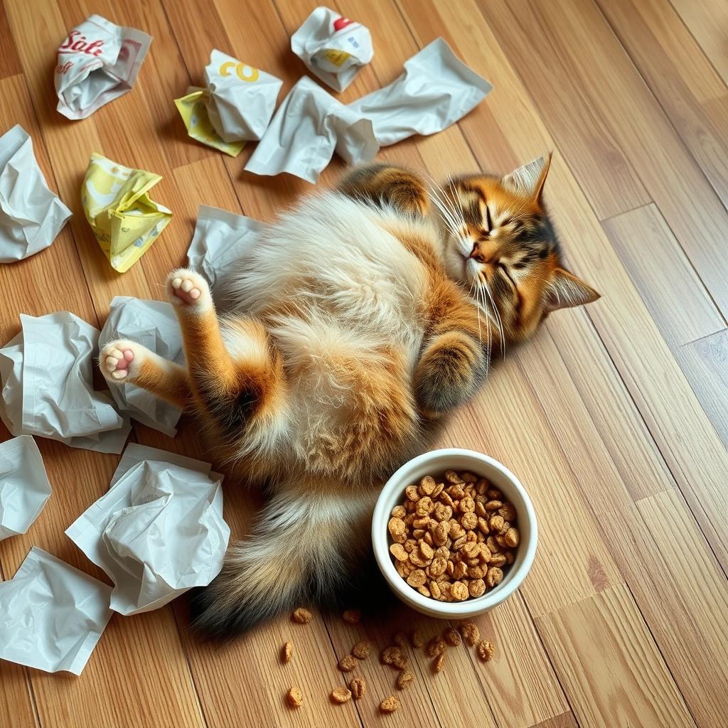 A cute domestic cat lying on its back on a wooden floor, surrounded by crumpled empty snack bags and a spilled bowl of kibble