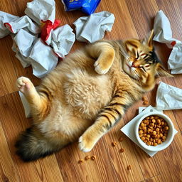 A cute domestic cat lying on its back on a wooden floor, surrounded by crumpled empty snack bags and a spilled bowl of kibble