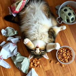 A cute domestic cat lying on its back on a wooden floor, surrounded by crumpled empty snack bags and a spilled bowl of kibble