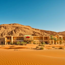 Daytime panorama of a traditional hotel in Siwa, showcasing its unique desert architecture framed against the bright blue sky, the shimmering oasis, and golden sand dunes.