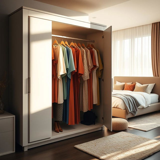 A captivating scene featuring a stylish modern bedroom, with soft lighting that creates an inviting atmosphere