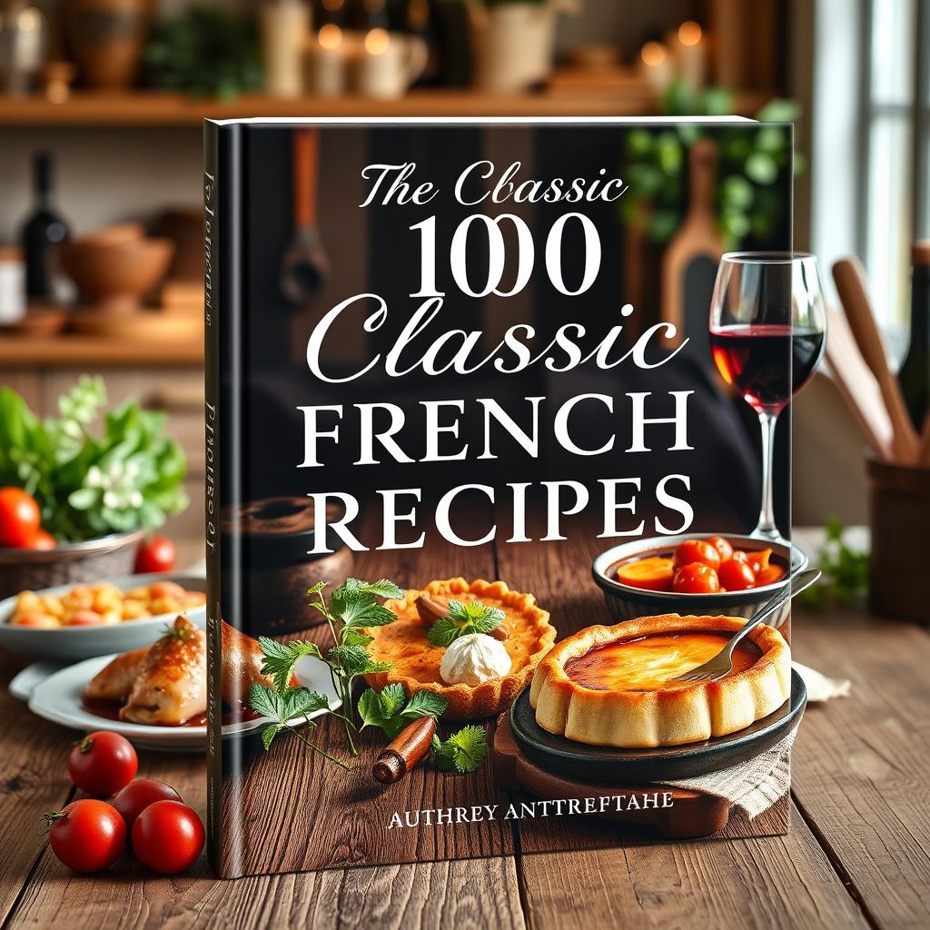 A realistic book cover design for '100 Classic French Recipes: A Journey Through French Culinary Art'