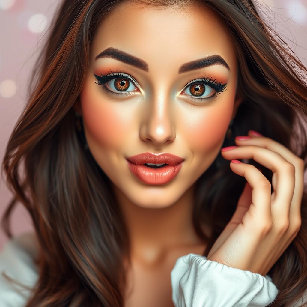 A close-up portrait of a stunning brunette woman making an ahegao face, her expression playful and exaggerated, with wide eyes and a cute pout