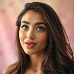 A close-up portrait of a stunning brunette woman making an ahegao face, her expression playful and exaggerated, with wide eyes and a cute pout