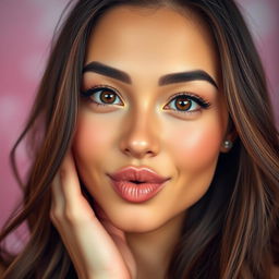 A close-up portrait of a stunning brunette woman making an ahegao face, her expression playful and exaggerated, with wide eyes and a cute pout