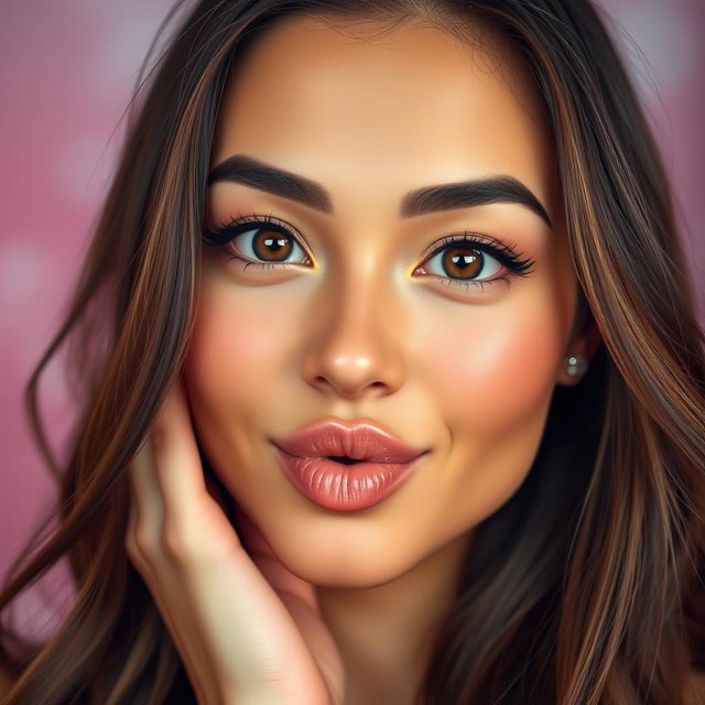 A close-up portrait of a stunning brunette woman making an ahegao face, her expression playful and exaggerated, with wide eyes and a cute pout