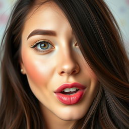 A close-up portrait of a stunning brunette woman making an ahegao face, her expression playful and exaggerated, with wide eyes and a cute pout