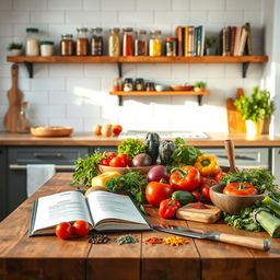 A beautifully styled kitchen scene for a recipe book, featuring a wooden table with a variety of colorful ingredients such as fresh vegetables, herbs, and spices