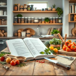 A beautifully styled kitchen scene for a recipe book, featuring a wooden table with a variety of colorful ingredients such as fresh vegetables, herbs, and spices
