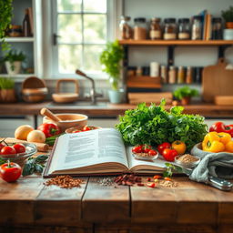 A beautifully styled kitchen scene for a recipe book, featuring a wooden table with a variety of colorful ingredients such as fresh vegetables, herbs, and spices
