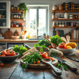 A beautifully styled kitchen scene for a recipe book, featuring a wooden table with a variety of colorful ingredients such as fresh vegetables, herbs, and spices