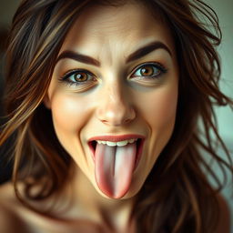 A captivating close-up of a brunette woman with her tongue playfully sticking out, eyes rolled back in an exaggerated expression