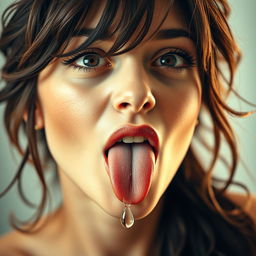 A captivating close-up of a brunette woman with her tongue playfully sticking out, eyes rolled back in an exaggerated expression