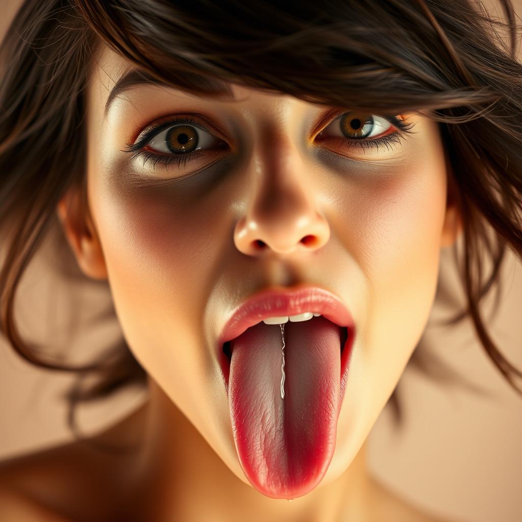 A captivating close-up of a brunette woman with her tongue playfully sticking out, eyes rolled back in an exaggerated expression