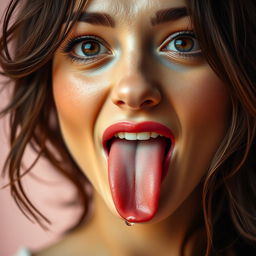 A captivating close-up of a brunette woman with her tongue playfully sticking out, eyes rolled back in an exaggerated expression