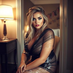 From the doorway of a posh dimly lit hotel bedroom, a stunning young woman is seated in a chair along the wall next to the bed