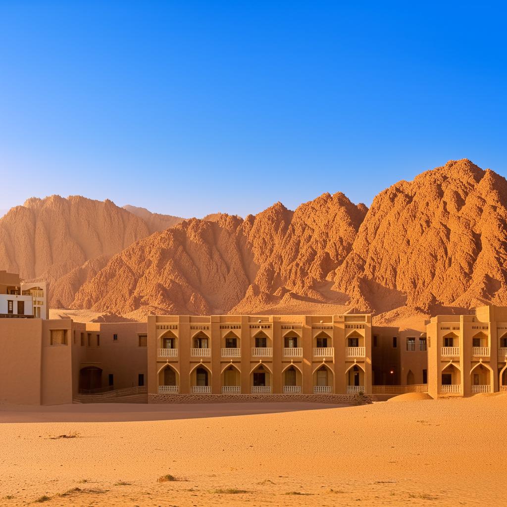 Daytime panorama of a traditional hotel in Siwa, showcasing its unique desert architecture framed against the bright blue sky, the shimmering oasis, and golden sand dunes.