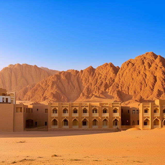 Daytime panorama of a traditional hotel in Siwa, showcasing its unique desert architecture framed against the bright blue sky, the shimmering oasis, and golden sand dunes.