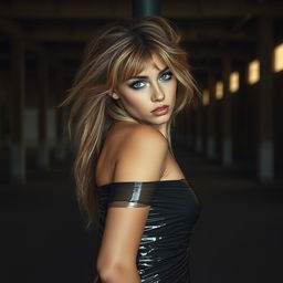 In the distance of a dimly lit deserted warehouse, a beautiful young woman with thick, long, messy dirty blond hair stands with her back against a pole