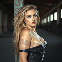In the distance of a dimly lit deserted warehouse, a beautiful young woman with thick, long, messy dirty blond hair stands with her back against a pole