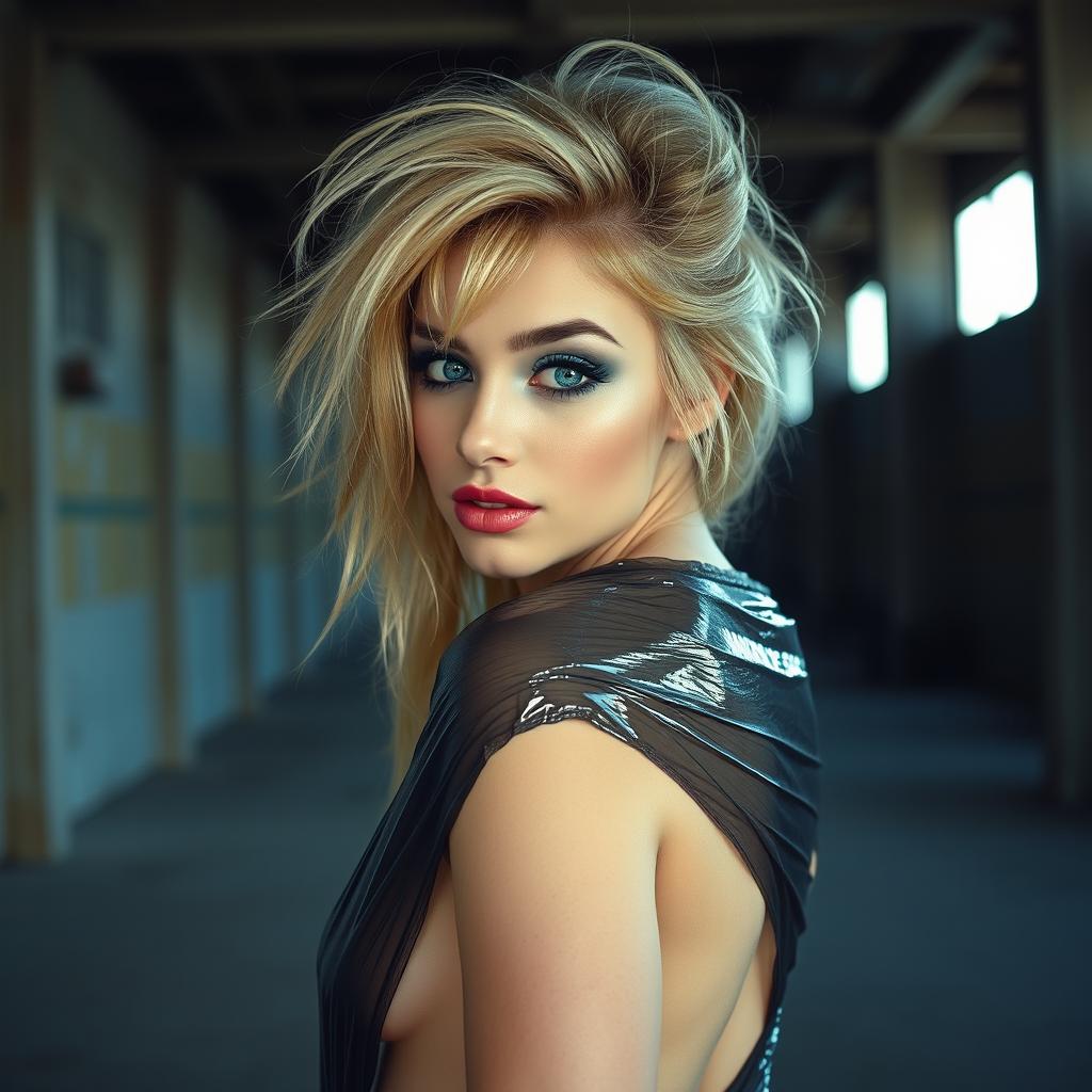 In the distance of a dimly lit deserted warehouse, a beautiful young woman with thick, long, messy dirty blond hair stands with her back against a pole