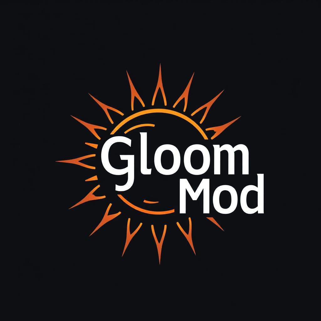 A modern logo design for a brand named 'Gloom Mod', featuring a stylized sun motif
