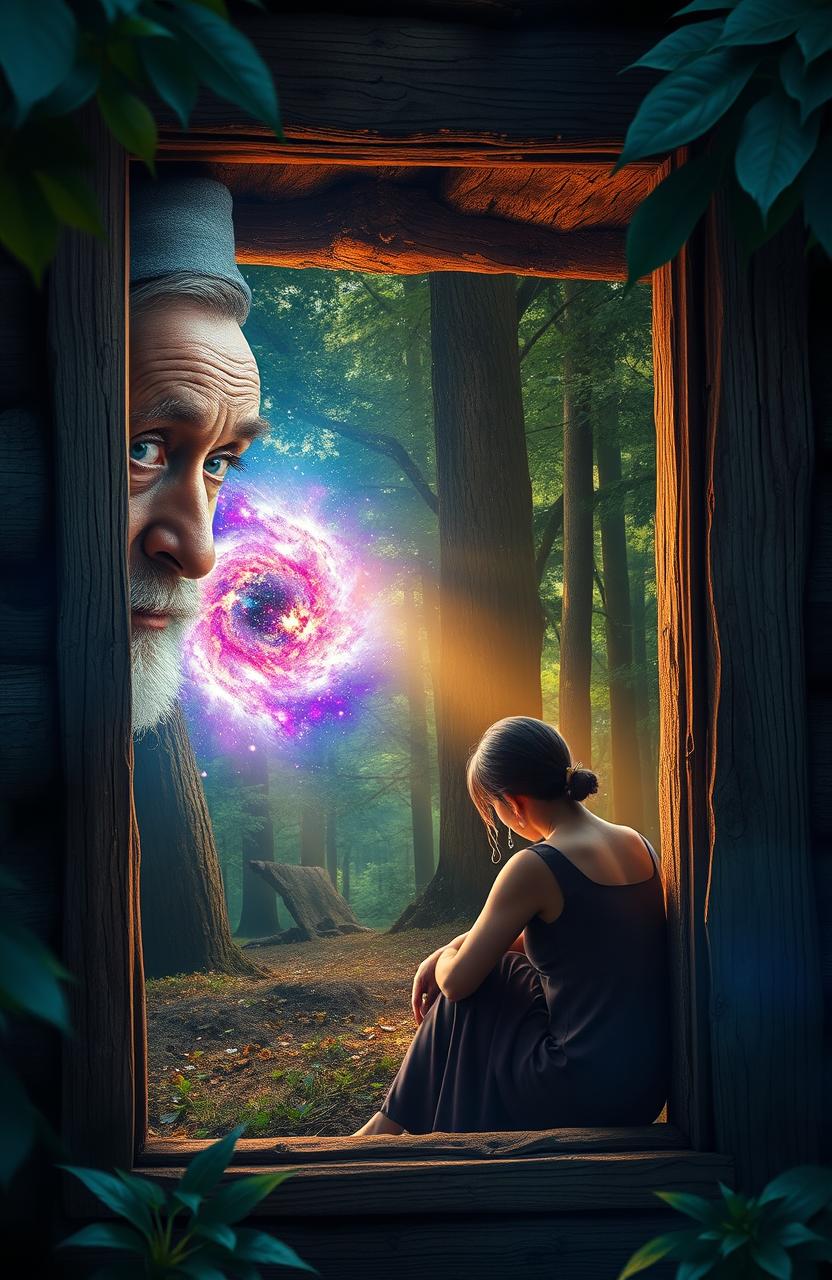 An old man gazes through the rustic wooden window of his cozy hut, his face weathered and wise