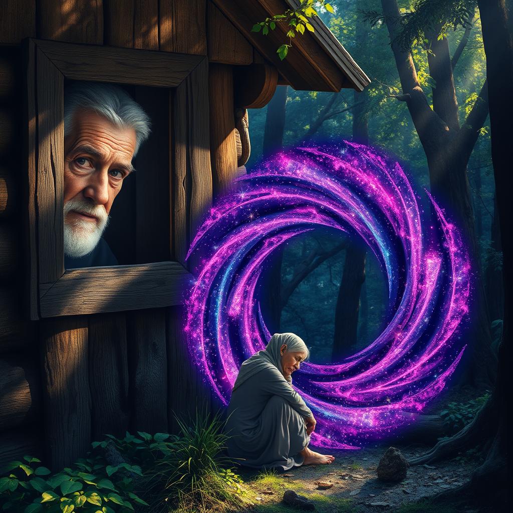 An old man looks through the wooden window of his rustic hut, his expression filled with concern and empathy
