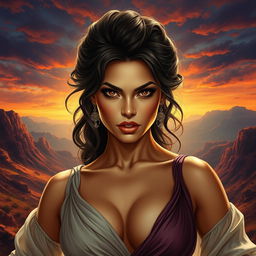 A highly detailed and vibrant portrait of a powerful and confident woman exuding femininity and strength