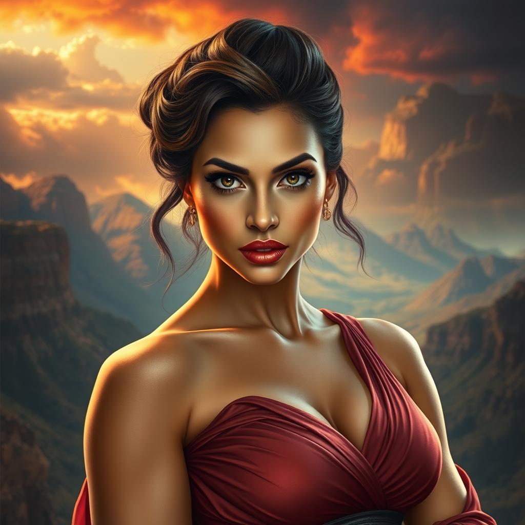 A highly detailed and vibrant portrait of a powerful and confident woman exuding femininity and strength