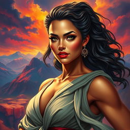 A highly detailed and vibrant portrait of a powerful and confident woman exuding femininity and strength