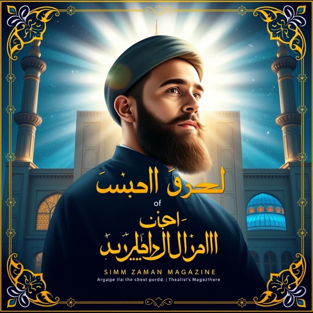 A creative and vibrant magazine cover design featuring Imam Zaman in a serene and majestic portrait, surrounded by ethereal light