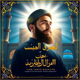 A creative and vibrant magazine cover design featuring Imam Zaman in a serene and majestic portrait, surrounded by ethereal light