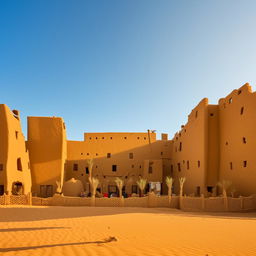 Daytime panorama of a traditional hotel in Siwa, showcasing its unique desert architecture framed against the bright blue sky, the shimmering oasis, and golden sand dunes.