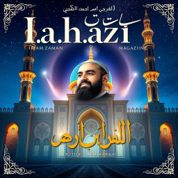 A creative and vibrant magazine cover design featuring Imam Zaman in a serene and majestic portrait, surrounded by ethereal light