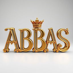 Create a stunning 3D representation of the word 'ABBAS' in an elegant royal style