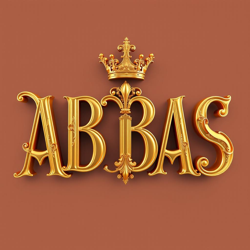 Create a stunning 3D representation of the word 'ABBAS' in an elegant royal style